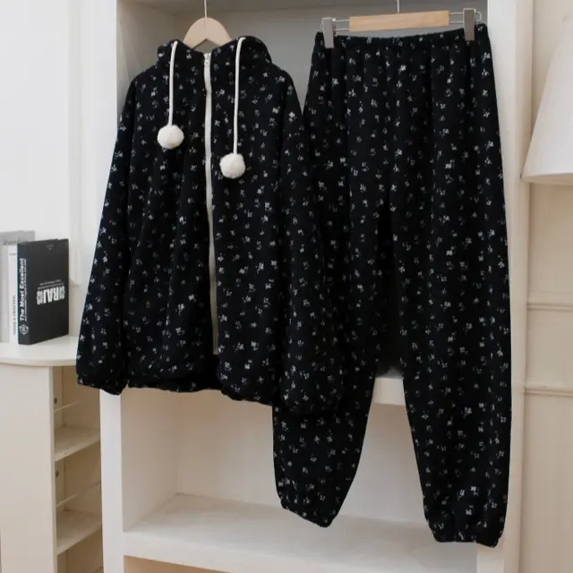 Lace Jacquard Sweet And Cute Coral Fleece Hooded Pajamas For Women Night Flower Shadows - Shop at LoveMi