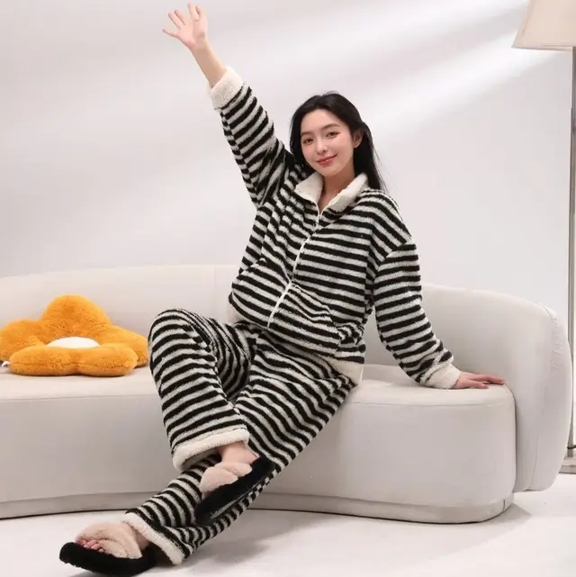 Striped Hooded Pajama Set Homewear For Women Striped Stand Collar Suit - Shop at LoveMi
