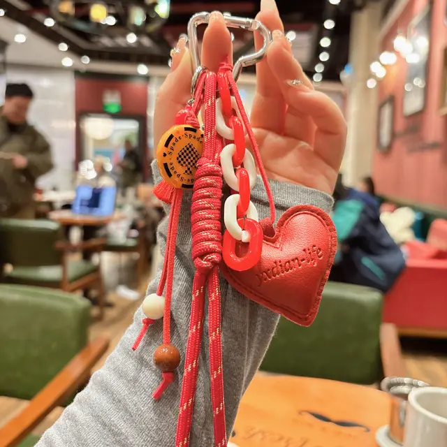 Woven Rope Leather Heart shaped Small Gourd Pendant Keychain Red - Shop at LoveMi