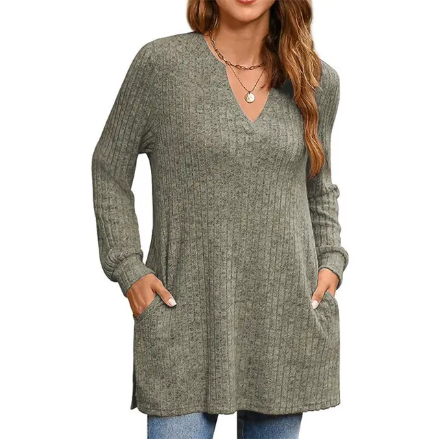 Long Sleeve Solid Color Side Slit Loose Top With Pocket Army Green - Shop at LoveMi