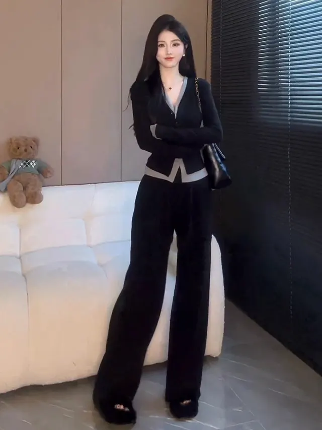 Plus size High waisted Wide leg Pants Two piece Set Black And Gray - Shop at LoveMi