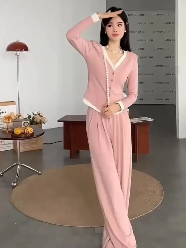 Plus size High waisted Wide leg Pants Two piece Set Pink - Shop at LoveMi