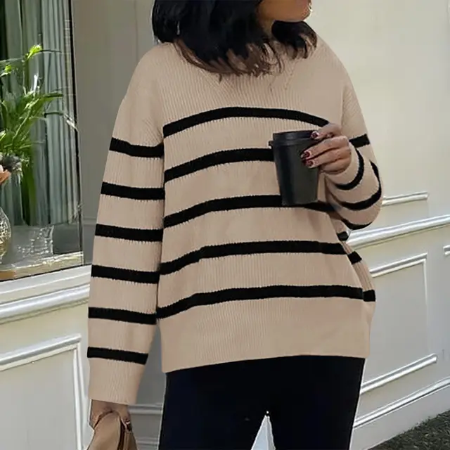 European And American Casual Striped Knitted Long sleeved Top Khaki Black - Shop at LoveMi