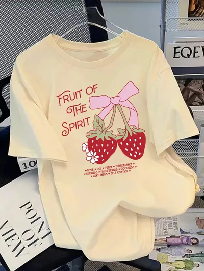 Women's Cotton Fruit flavored Strawberry Print Top Khaki - Shop at LoveMi