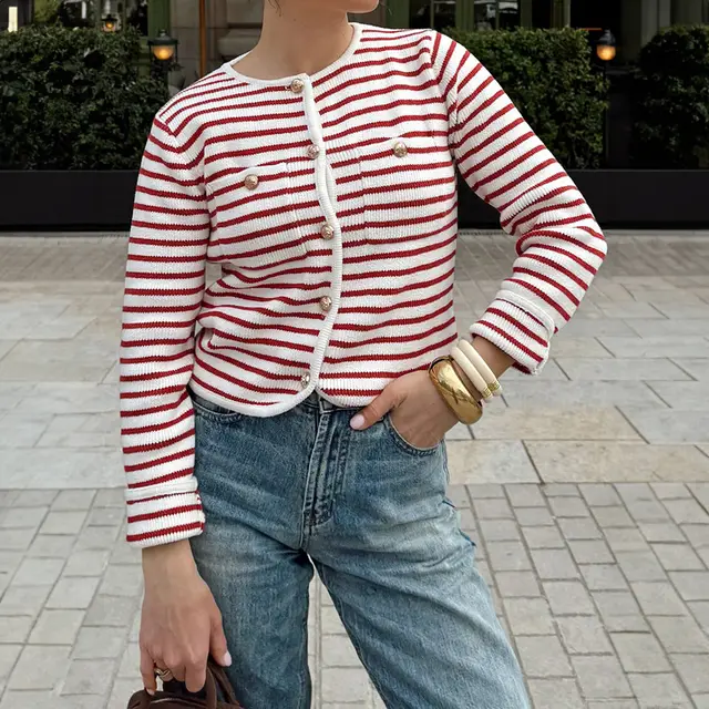 European And American Casual Versatile Striped Button down Shirt Red And White Stripes - Shop at LoveMi