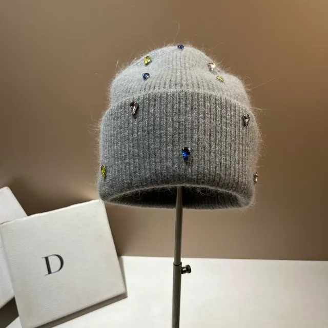 Color Diamond Light Luxury Winter Rabbit Hair Knitted Hat Personality Colorful Light Gray - Shop at LoveMi