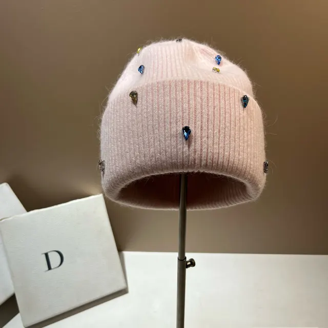 Color Diamond Light Luxury Winter Rabbit Hair Knitted Hat Personality Colorful Pink - Shop at LoveMi