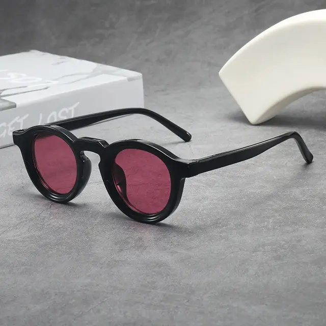 Vintage Round Frame Sunglasses For Women Black Frame Pink Lens - Shop at LoveMi