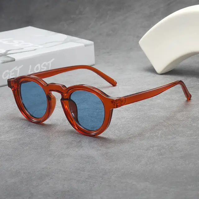Vintage Round Frame Sunglasses For Women Dark Orange Frame Blue - Shop at LoveMi