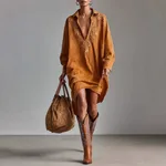 Heavy Embroidery V-neck Long-sleeve Suede Shirt Dress - Caramel Color-M - View 1