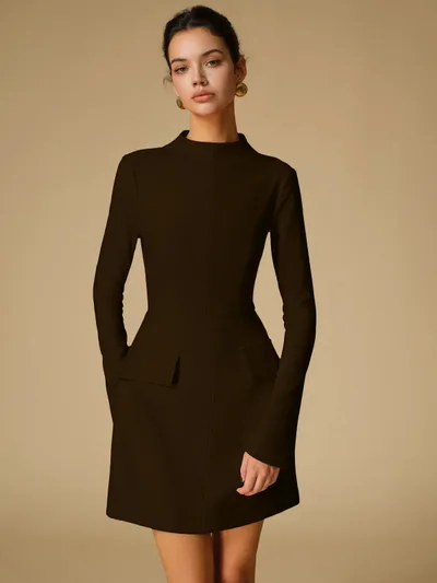 Solid Color Slim Fit Long Sleeve Bodycon Dress Dark Brown - Shop at LoveMi