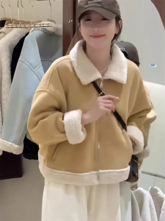 Korean style Lamb Wool And Fur Coat Khaki - Shop at LoveMi