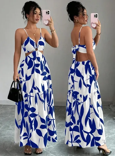 Women's Summer New Spaghetti Strap Dress With Cinched Waist & Random Floral Print Blue And White - Shop at LoveMi