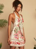 Women's Floral Knot Front Halter Backless Vacation Dress - Floral