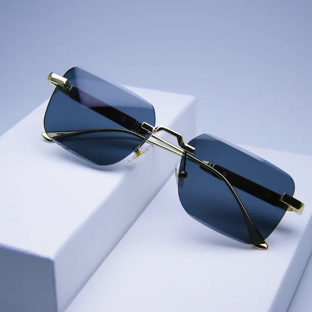 Frameless Edge cut Sunglasses Fashion Trend Wood Grain Legs Gradient Color Black And Gray - Shop at LoveMi