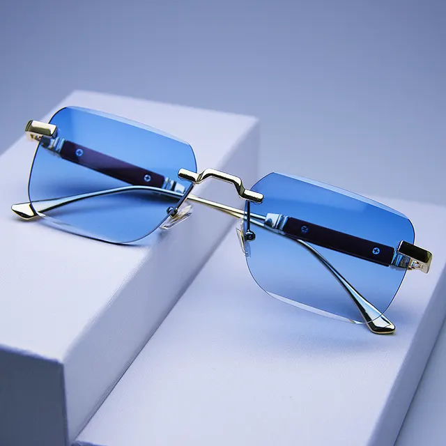 Frameless Edge cut Sunglasses Fashion Trend Wood Grain Legs Gradient Color Gradient Blue - Shop at LoveMi