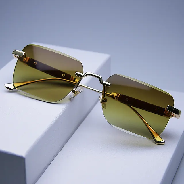 Frameless Edge cut Sunglasses Fashion Trend Wood Grain Legs Gradient Color Gradual Tea - Shop at LoveMi