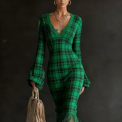 Women's Wool Dress Creative Vintage Print Comfortable Soft Slim Fit 3Style L - Shop at LoveMi