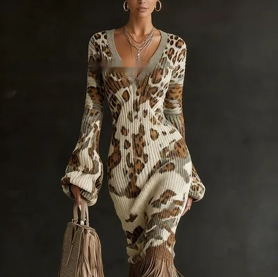 Women's Wool Dress Creative Vintage Print Comfortable Soft Slim Fit 4 Style M - Shop at LoveMi
