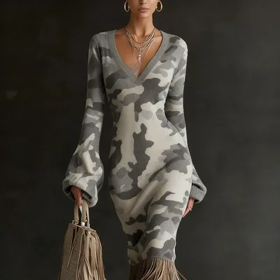 Women's Wool Dress Creative Vintage Print Comfortable Soft Slim Fit 6 Style 3Xl - Shop at LoveMi