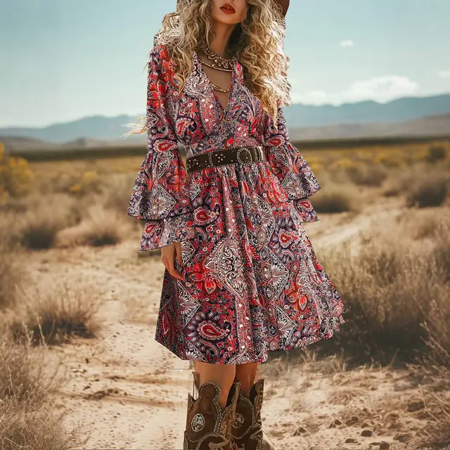 Western Bohemian Ethnic Long Sleeve Spring And Autumn Dress Red - Shop at LoveMi