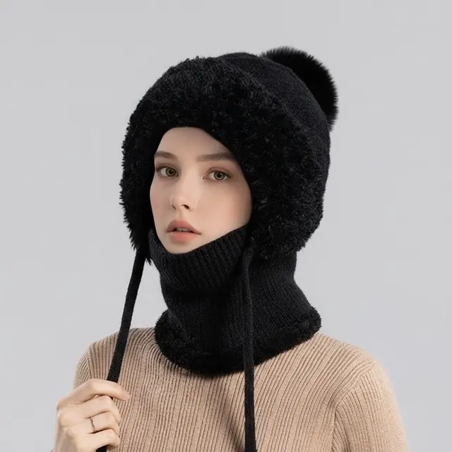 Scarf Integrated Knit Women's Fleece lined Warm Hat Black - Shop at LoveMi