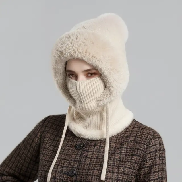 Scarf Integrated Knit Women's Fleece lined Warm Hat Creamy White - Shop at LoveMi