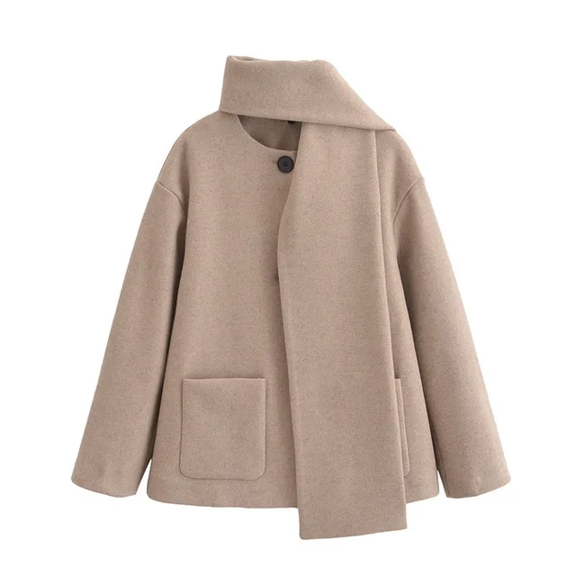 European And American Style Women's New Elegant Mixed Scarf Round Neck Coat Khaki - Shop at LoveMi