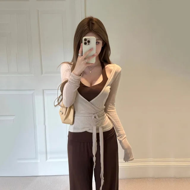 Ladies' Elegant Cardigan Tank Top And Wide leg Pants Three piece Set Brown - Shop at LoveMi