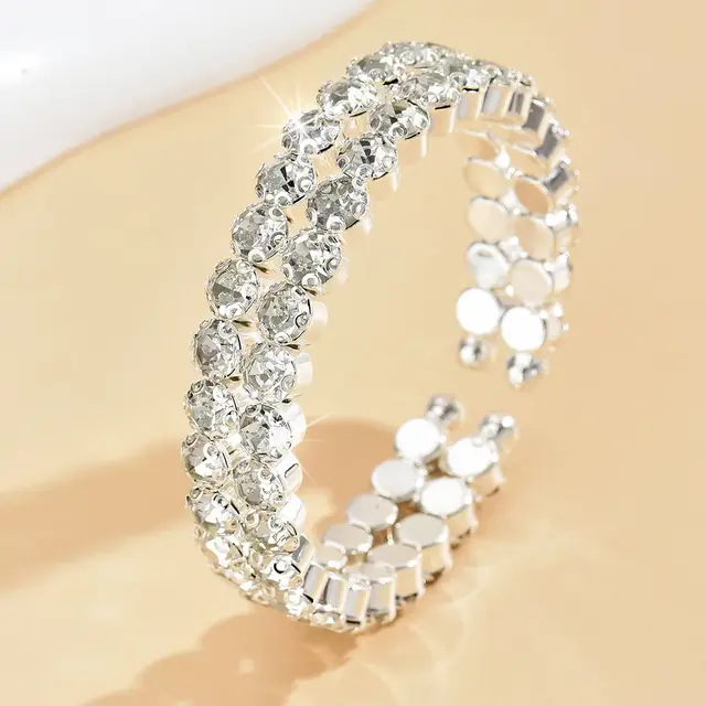 Elastic Bracelet Double Row Large Rhinestone Jewelry Wide Opening Silver - Shop at LoveMi