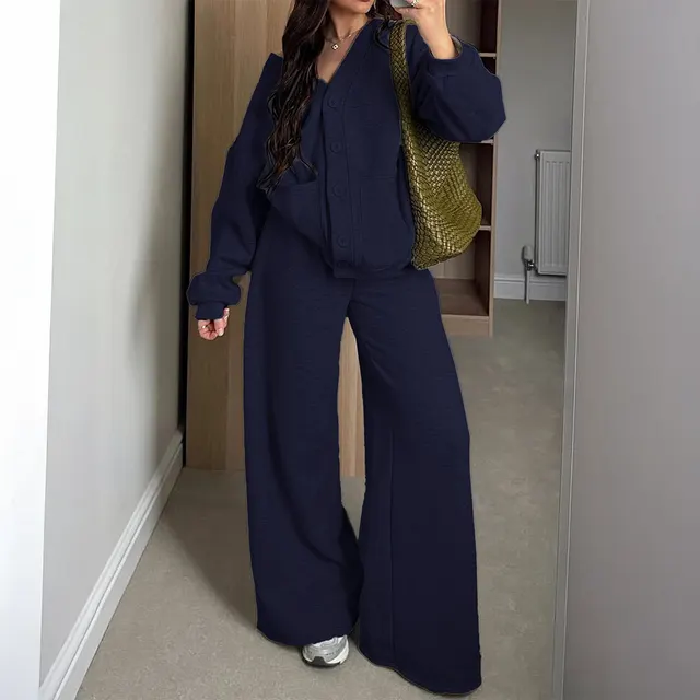 Versatile Long sleeved Jacket And Pants Two piece Set Dark Blue - Shop at LoveMi