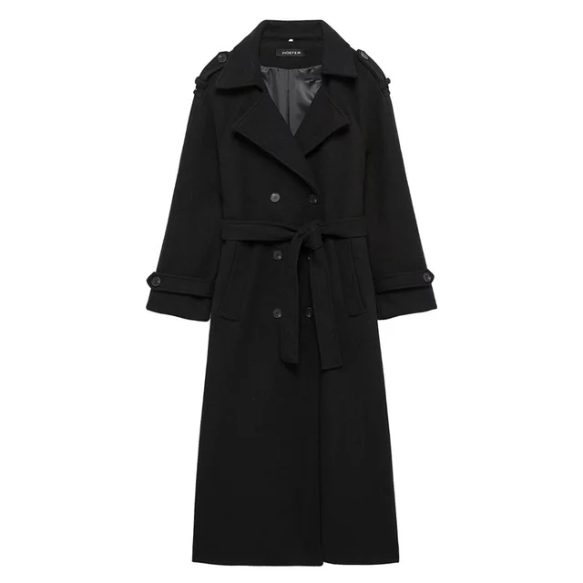 British style Double breasted Long Wool Coat For Women Black - Shop at LoveMi