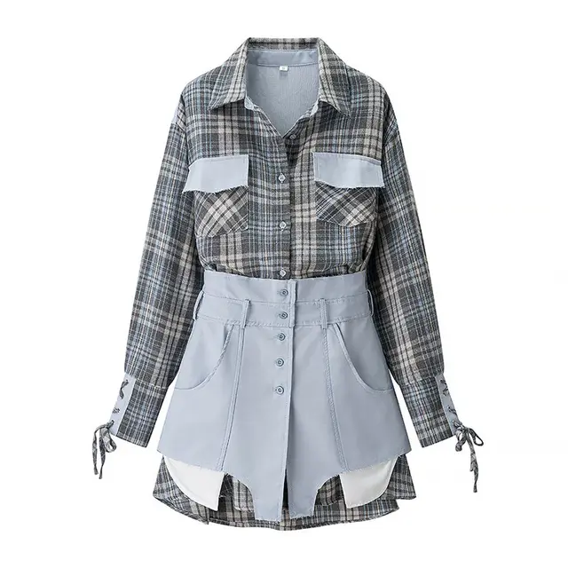 Women's Loose Casual Plaid Shirt Dress Two Piece Set Suit - Shop at LoveMi