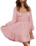 Square Neck Pleated Ruffle Lantern Sleeve Fresh And Sweet Dress - Pink