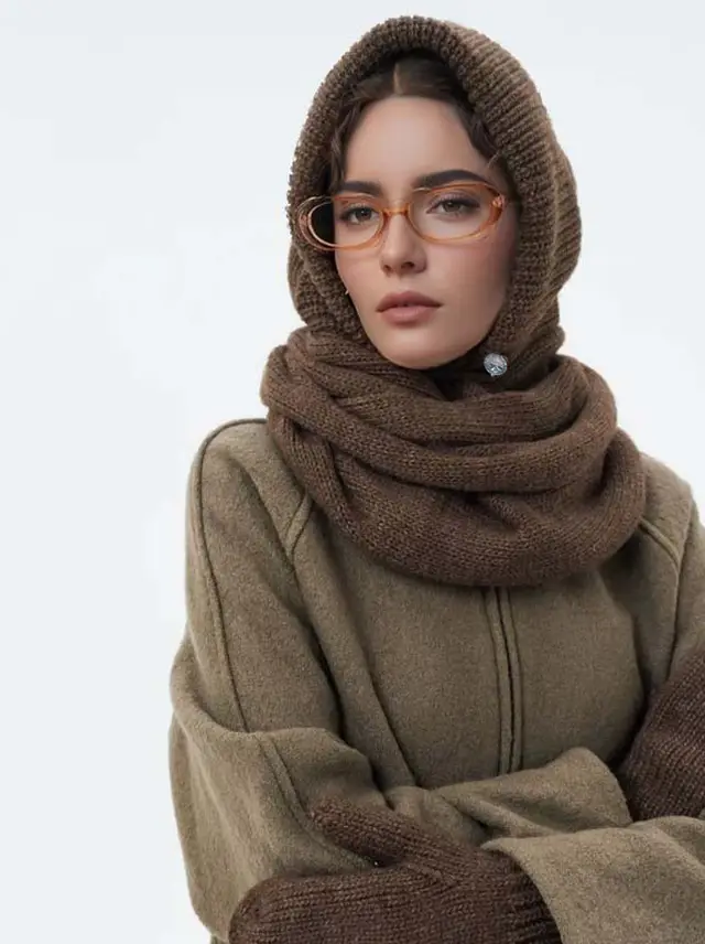 Solid Color Fashion Casual Knit Hat With Cross Scarf Coffee Brown - Shop at LoveMi