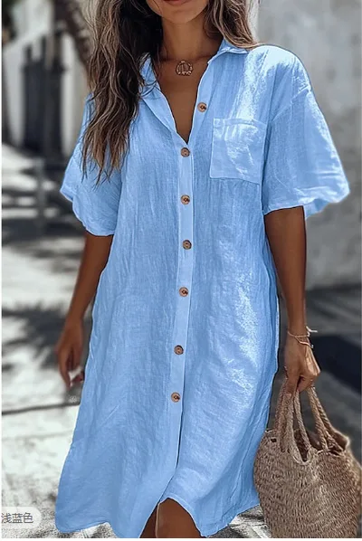 Long Button Short Sleeve Linen Elegant Shirt Sky Blue - Shop at LoveMi
