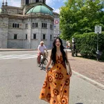 Elegant Printed V-neck Dress For Seaside Vacation - Orange - View 1