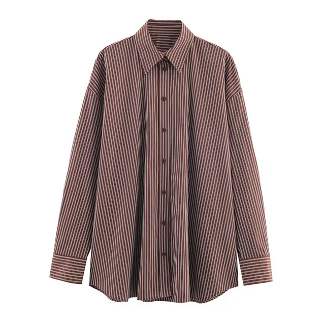 Women's Striped Loose Long Sleeve Shirt Brown - Shop at LoveMi