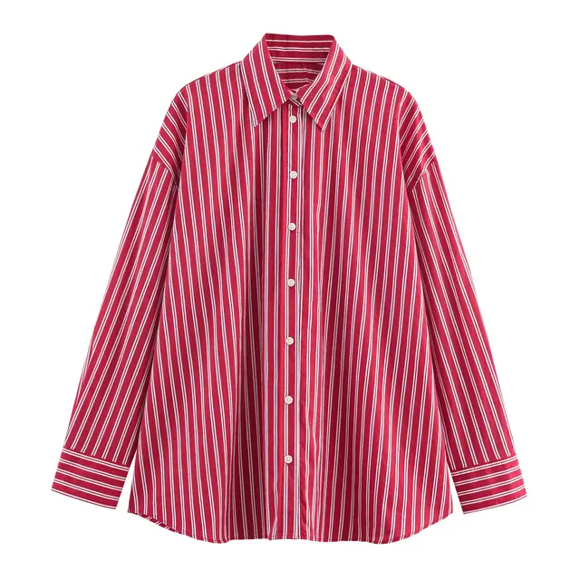Women's Striped Loose Long Sleeve Shirt Red - Shop at LoveMi