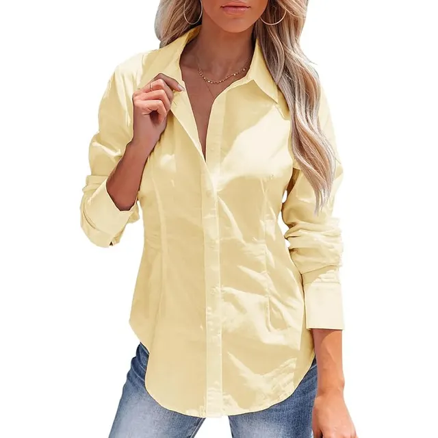 Women's Button Down Shirt Long Sleeve Solid Color Versatile Office Yellow - Shop at LoveMi