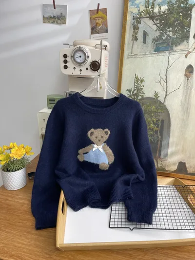 Japanese Bear Bow Cute Embroidery Autumn Winter Soft And Comfortable Sweater Sapphire Blue - Shop at LoveMi