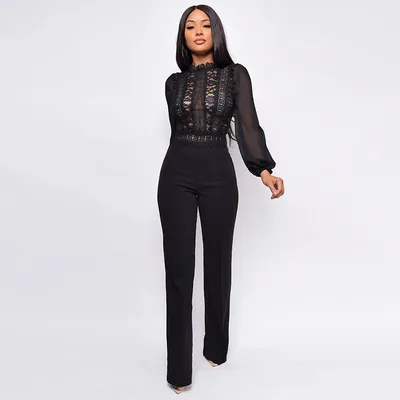 High waisted Straight leg Women's High neck Lace Long sleeve Jumpsuit Black - Shop at LoveMi
