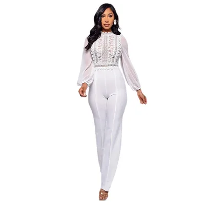 High waisted Straight leg Women's High neck Lace Long sleeve Jumpsuit White - Shop at LoveMi