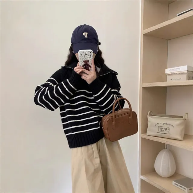 Half zip Stand Collar Women's Korean style Niche Striped Loose Sweater Black - Shop at LoveMi