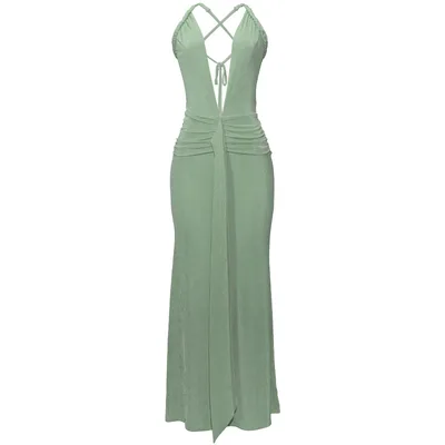 Fashionable Sexy Deep V Backless Solid Color Draped Design Waist cinching Dress Green D186Ds - Shop at LoveMi