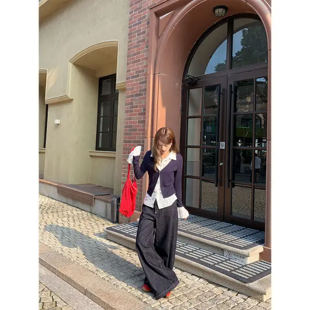 Fashion Fake Two piece Long Sleeve Shirt Women Navy Blue - Shop at LoveMi