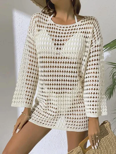 Sexy Knit Hollow Round Neck Beach Dress Women Apricot Beige - Shop at LoveMi