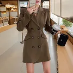 Temperament Waist-tied Petite Long-sleeve Blazer Dress - Brown