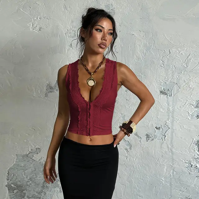 Lace Trim Sexy Crop Top For Women Wine Red - Shop at LoveMi