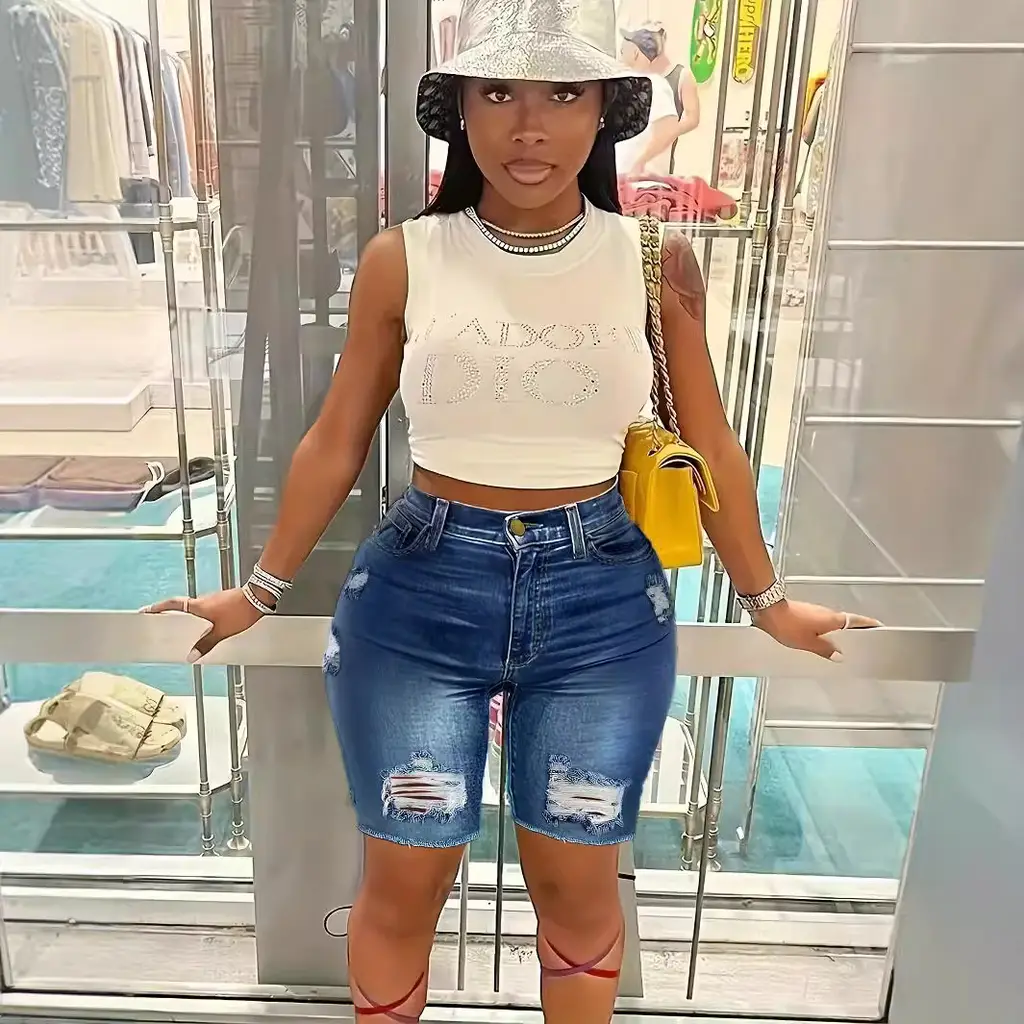 High-waisted Slim-fit Ripped Women's Denim Shorts - Blue